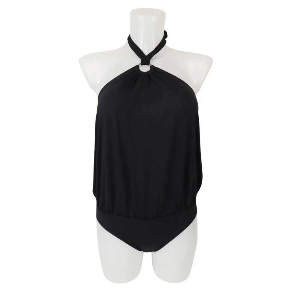 Michael Kors swimsuit Ring Trim Halter Blouson Onewith Hidden U Wire Black 16 - Picture 4 of 5